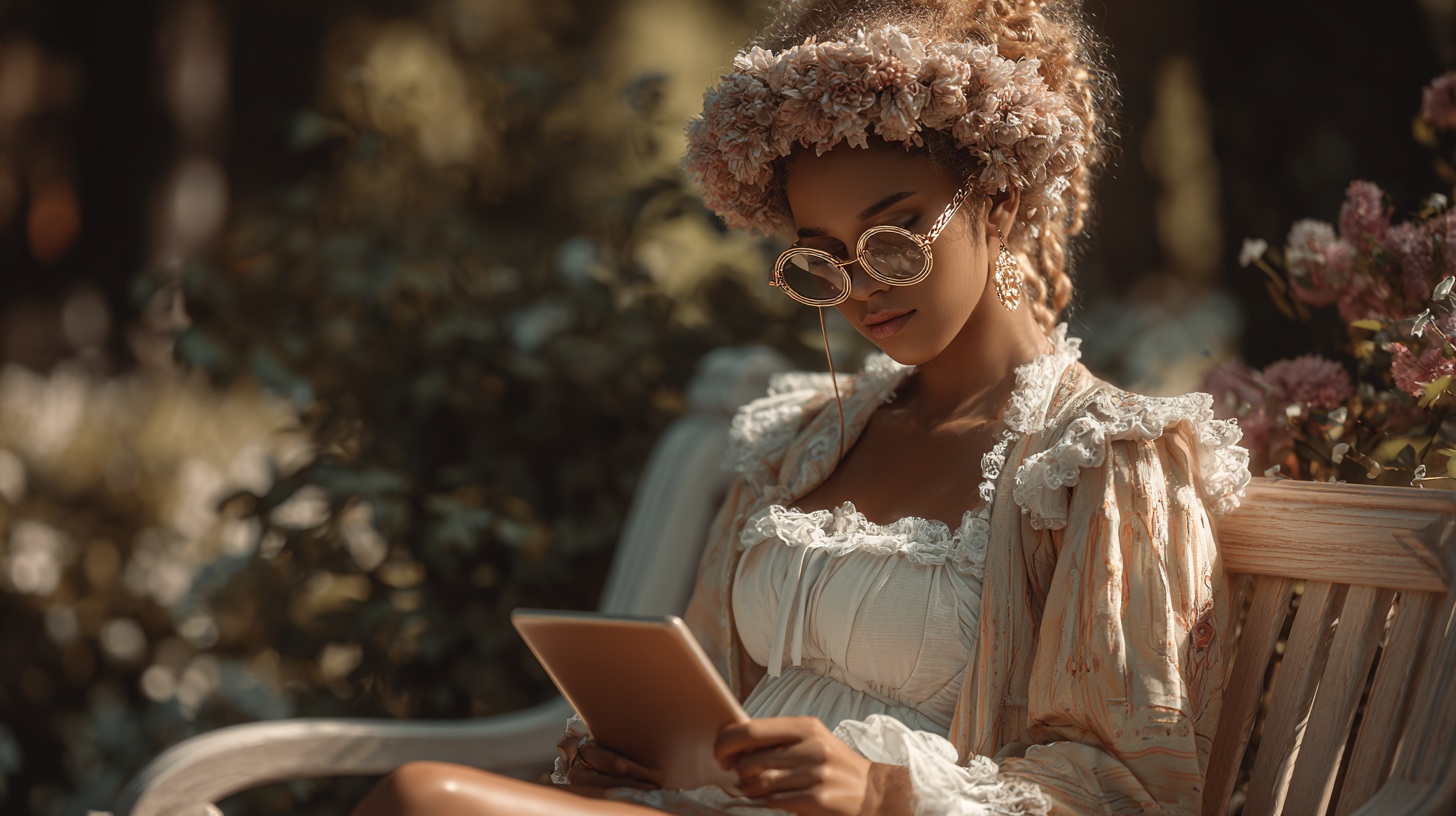 Stylish woman reading the Perifee newsletter on a tablet in the park