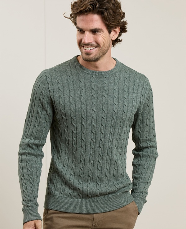 Valentia Cable Crew Knitwear in Green & Cream Melange
